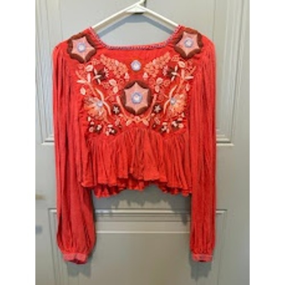 Free People Claudine Embroidered Long Sleeve Blouse Top Orange Size XS